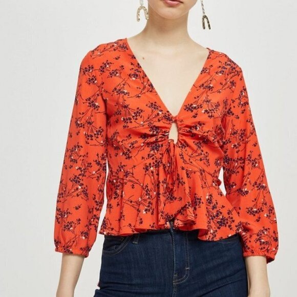 Topshop Orange Floral Ruched Keyhole Peplum Long Sleeve Blouse 6 - Picture 1 of 7